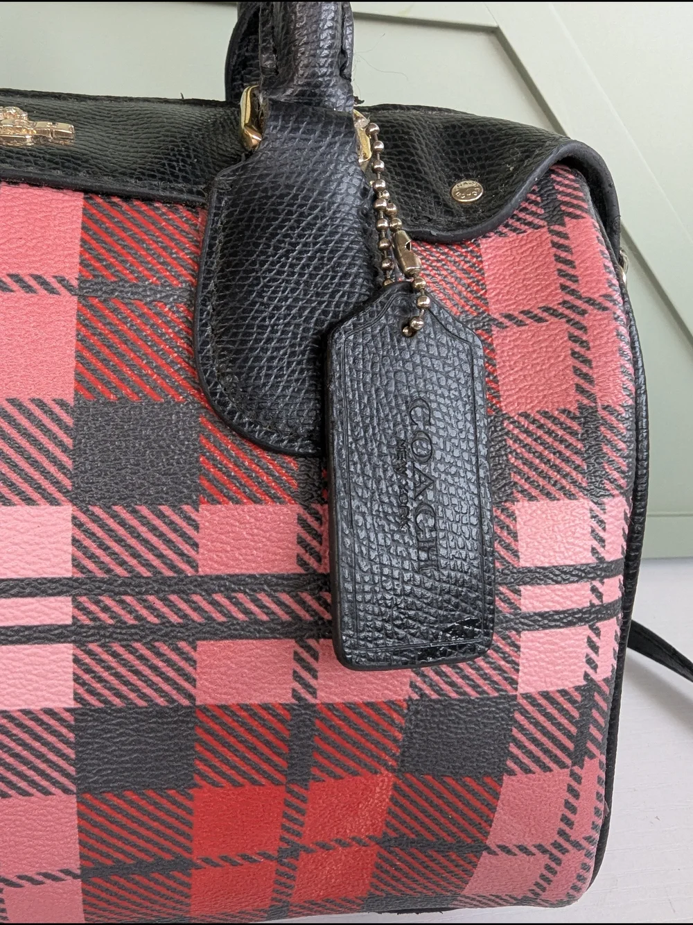 Coach Mini Bennett Satchel featuring a red, pink, andblack Riley Plaid print